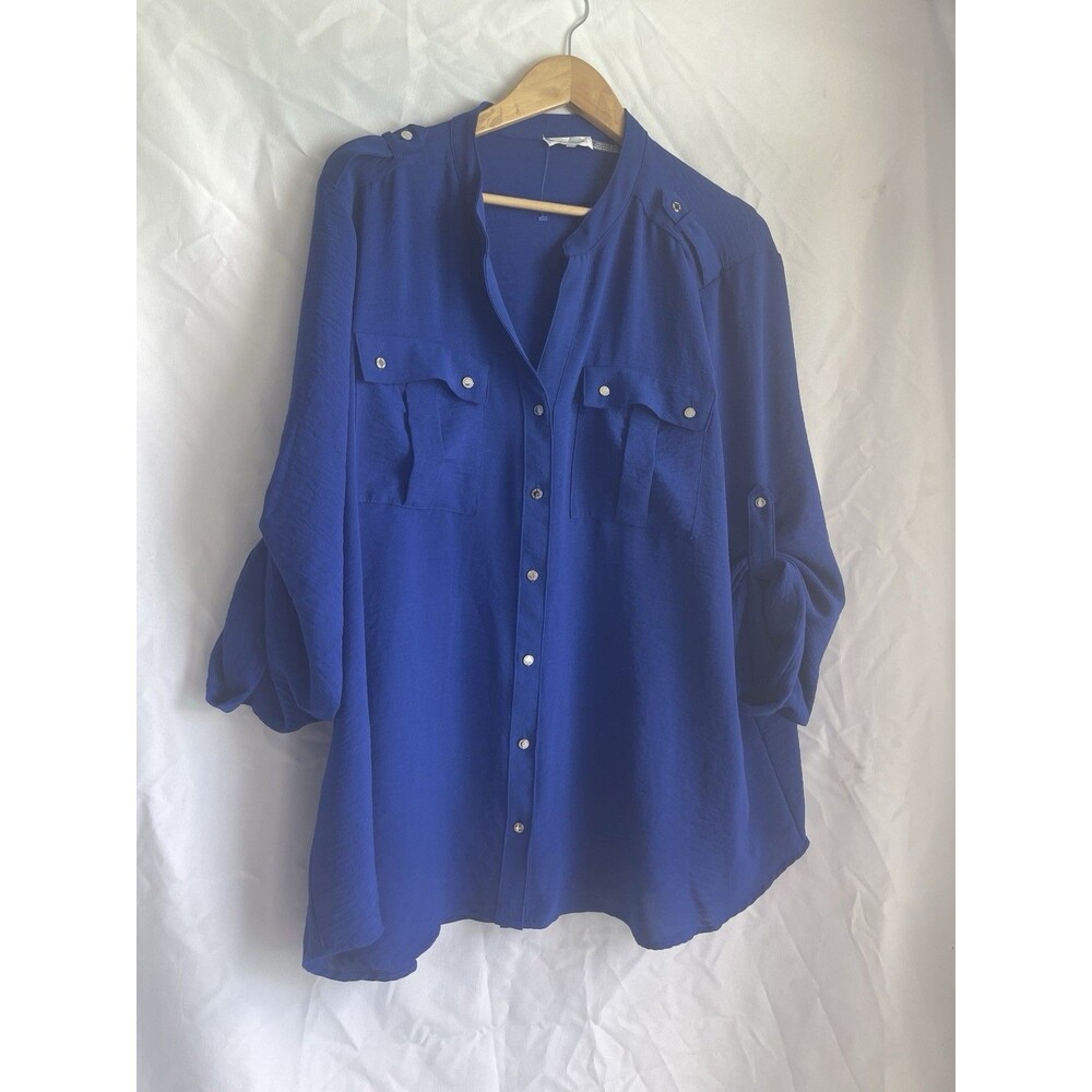 Calvin Klein XLarge Royal Blue Roll-Tab Sleeve Utility Button Front Q Luxury - Picture 14 of 14